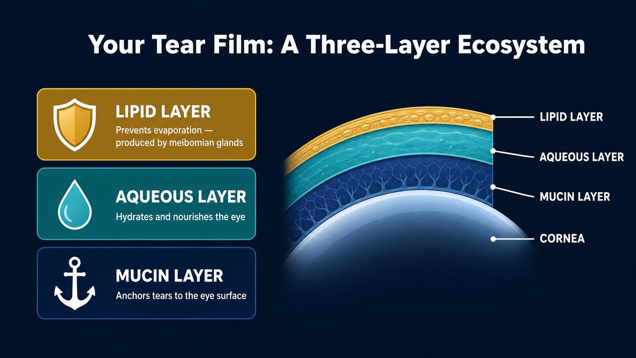 Illustration of the three layers of the tear film: Lipid, Aqueous and Mucin layers on the cornea